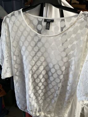 Alfani White Sheer Polka Dot Lace Sleeve Blouse